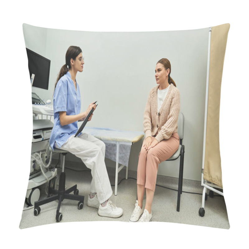 Personality  A Gynecologist In A Lab Coat Discusses Health Matters With A Female Patient In A Clinical Setting. Pillow Covers