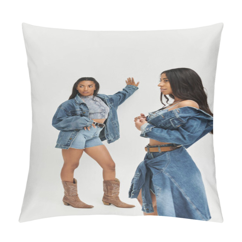 Personality  Two Young Women Celebrate Friendship In Fashionable Denim Attire, Exuding Joy And Style. Pillow Covers