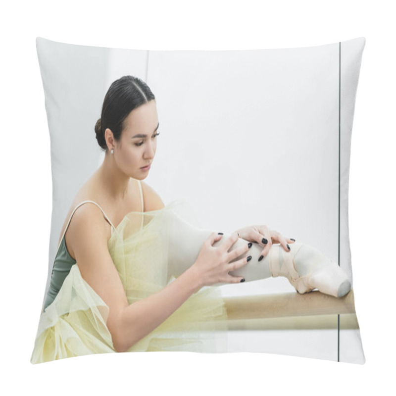 Personality  Young Ballerina Stretching Leg While Training In Dancing Hall Pillow Covers