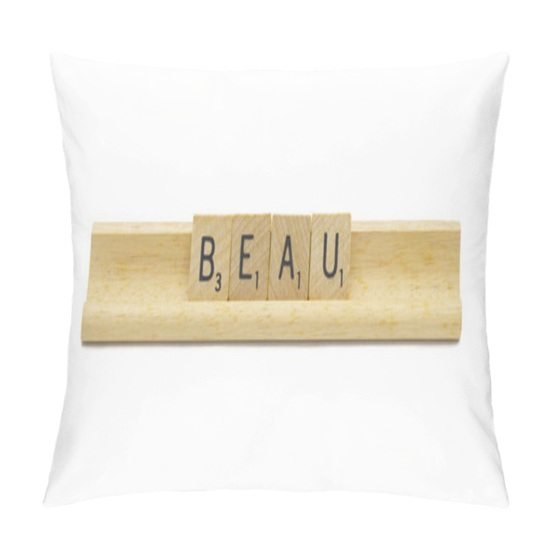 Personality  Miami, FL 4-18-24 Popular Baby Boy First Name Of BEAU Made With Square Wooden Tile English Alphabet Letters With Natural Color And Grain On A Wood Rack Holder Isolated On White Background Pillow Covers