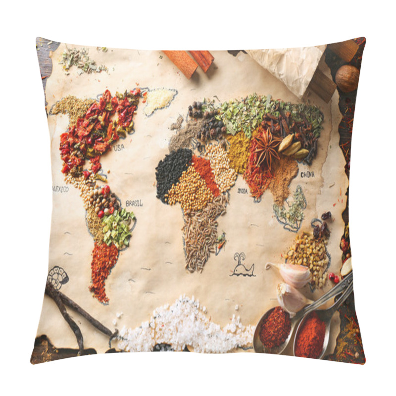 Personality  Map Of World Made From Different Kinds Of Spices On Wooden Background Pillow Covers