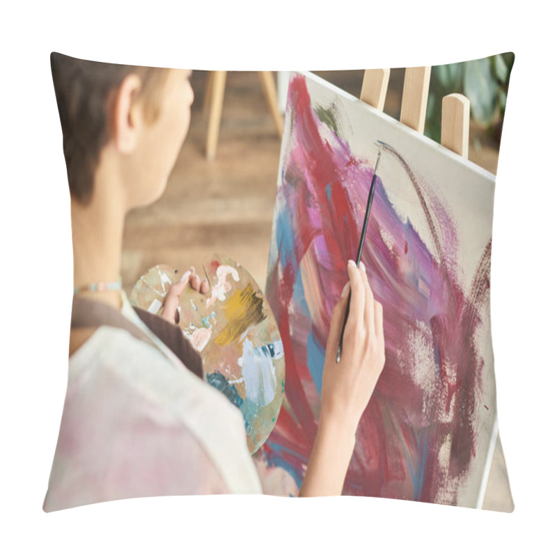 Personality  A Young Woman In A Relaxed Setting Focuses On Painting With Vibrant Colors At Home, Expressing Her Creativity. Pillow Covers