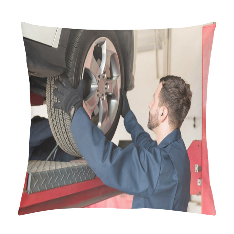 Personality  Side View Of Male Mechanic Replacing Car Tire At Auto Repair Shop Pillow Covers