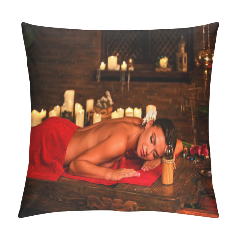 Personality  Young Woman Lying On Wooden Spa Bed In Massage Spa Salon. Pillow Covers