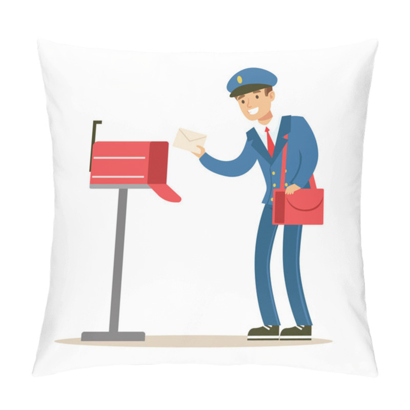 Personality  Postman In Blue Uniform Delivering Mail, Putting Letters In Mailbox, Fulfilling Mailman Duties With A Smile Pillow Covers