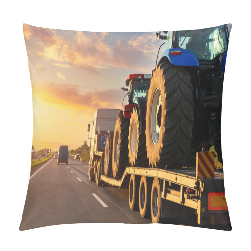 Personality  POV Heavy Industrial Truck Semi Trailer Flatbed Platform Transport Two Big Modern Farming Tractor Machine On Common Highway Road At Sunset Sunrise Sky. Agricultural Equipment Transportation Service Pillow Covers