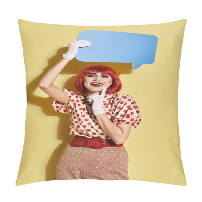 Personality  A Creative Redhead Woman In Polka Dot Blouse Holding A Speech Bubble Above Her Head On A Yellow Background. Pillow Covers