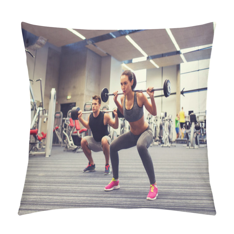 Personality  Young Man And Woman Training With Barbell In Gym Pillow Covers