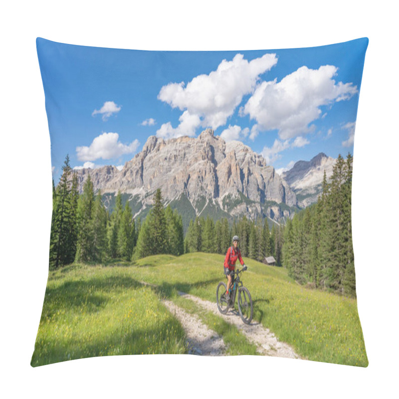 Personality  Pretty Active Senior Woman Riding Her Electric Mountain Bike On The Pralongia Plateau In The Alta Badia Dolomites With Awesome Sasso Die Santa Cruce Summit In Backg, South Tirol And Trentino, Italy Pillow Covers