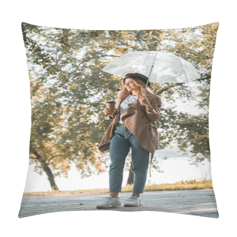 Personality  Woman In Trench Coat And Hat Standing Under Umbrella And Holding Paper Cup With Coffee To Go In Autumnal Park  Pillow Covers