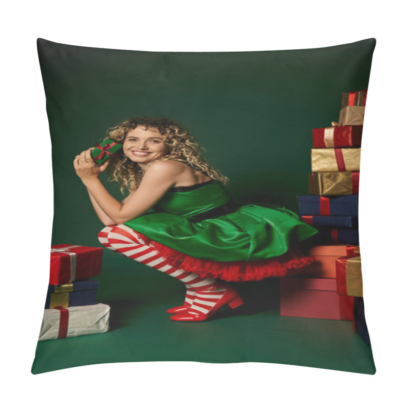 Personality  Cheerful Woman In Green Dress Squatting Near Presents On Green Backdrop, New Year Elf Concept Pillow Covers