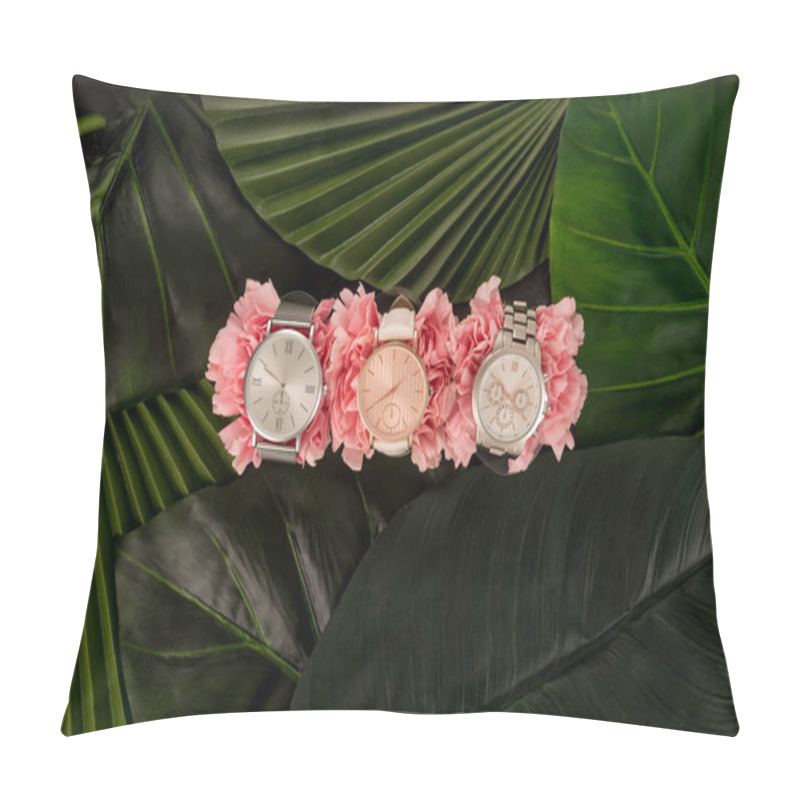 Personality  Top View Of Wristwatches Lying On Blooming Pink Flowers Near Green Leaves Pillow Covers