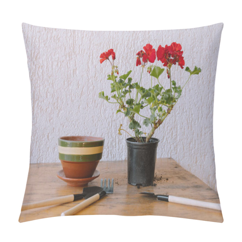 Personality  Rake Shovel, Earth And Blooming Geraniums , Gardening And Repotting Concept Of Home Flowers Pillow Covers