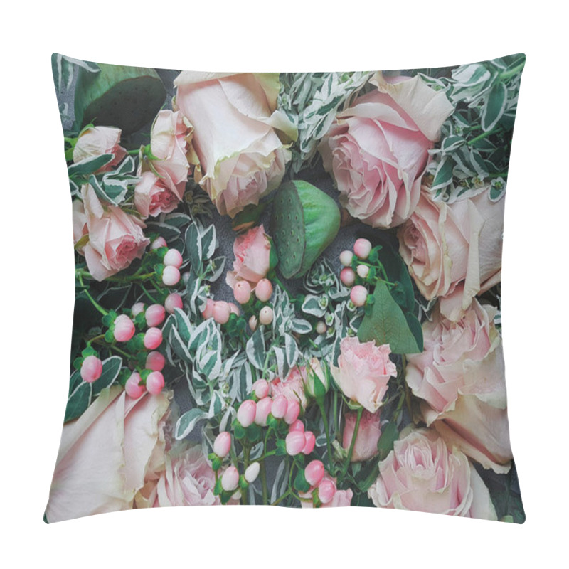 Personality  Wedding Flowers, Blog Style, Flatlay, Light Gray Background, Floristics, Delicate Roses, Lotus And Greens Closeup Pillow Covers