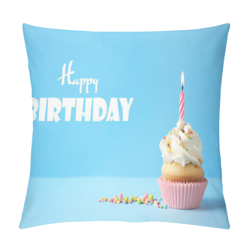 Personality  Delicious Birthday Cupcake With Candle On Light Blue Background. Pillow Covers