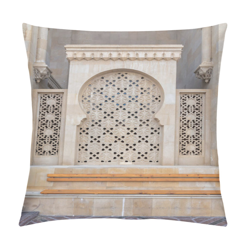 Personality  Ornate Wall Of Taza Pir Mosque Features Intricate Patterns And A Unique Arched Design, Highlighting The Exquisite Craftsmanship Found In Baku, Azerbaijans Architectural Heritage Pillow Covers