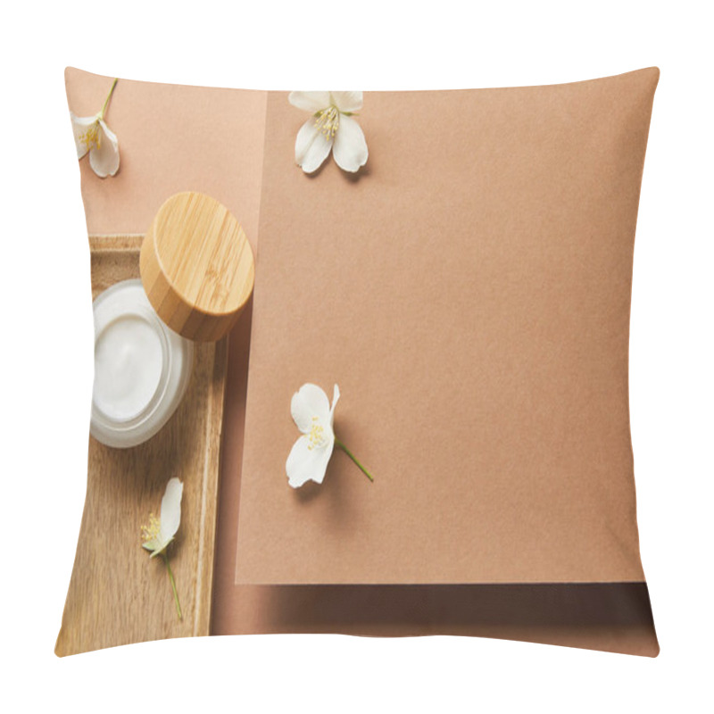 Personality  Top View Of Open Jar With Cream On Wooden Tray And Scattered Jasmine Flowers Around On Brown  Pillow Covers