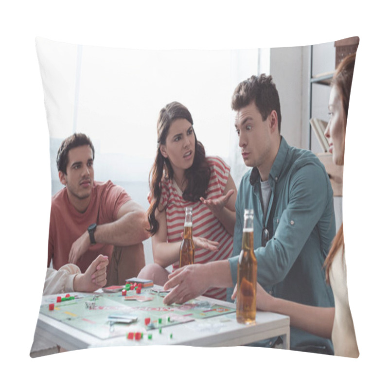 Personality  KYIV, UKRAINE - JANUARY 27, 2020: Angry Girls Gesturing Near Confused Man While Playing Monopoly Game Pillow Covers