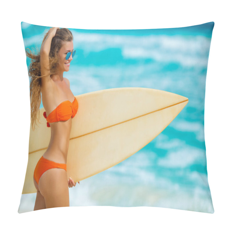 Personality  Beautiful Girl On Beach With Surfboard Pillow Covers