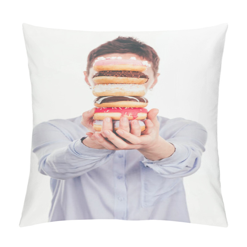 Personality  Woman Holding Stack Of Doughnuts In Front Of Face Isolated On White Pillow Covers