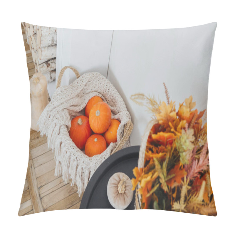 Personality  A Basket Brimming With Vibrant Pumpkins, Surrounded By Autumn Leaves And Decor Items. Pillow Covers