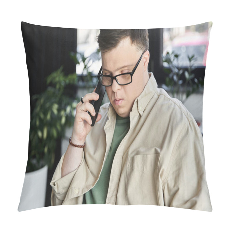 Personality  Young Man With Down Syndrome In Glasses, Beige Shirt, Makes Phone Call Indoors Pillow Covers