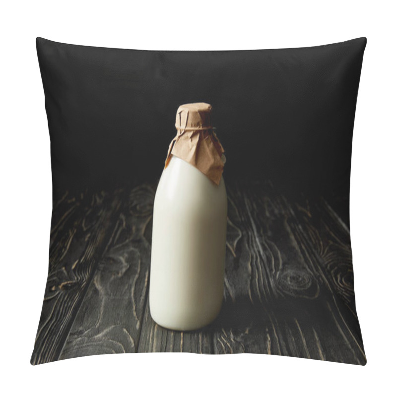 Personality  Fresh Milk In Bottle Wrapped By Paper On Black Background  Pillow Covers