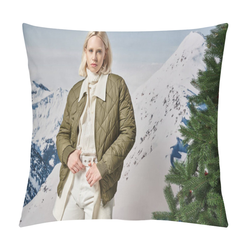 Personality  Attractive Woman In Stylish Winter Jacket Posing On Snowy Backdrop And Looking At Camera, Fashion Pillow Covers