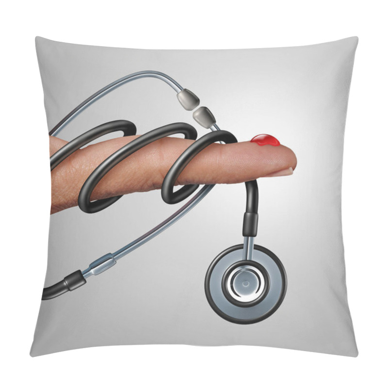 Personality  Diabetes And Diabetic And Glycemia Medicine Symbol As A Blood Drop On A Finger As An Insulin Deficient Hypoglycemia Concept With 3D Illustration Elements. Pillow Covers