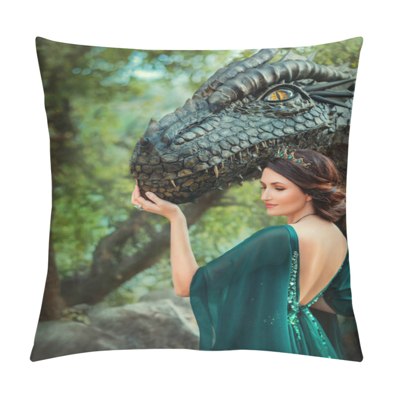 Personality  Fantasy Portrait Woman Queen Hand Touches Muzzle Of Ancient Dragon. Green Vintage Dress Golden Crown Precious Emeralds. Girl Princess Zodiac Sign Dragon. Rear View Open Sexy Back. Nature Summer Trees Pillow Covers