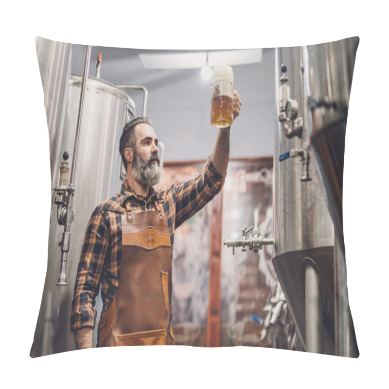 Personality  Bearded Brewery Master Holding Glass Of Beer And Evaluating Its Visual Characteristics. Small Family Business, Production Of Craft Beer. Pillow Covers