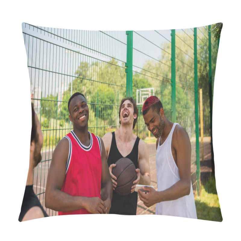 Personality  Positive Multiethnic Sportsmen With Basketball Ball And Smartphone Outdoors  Pillow Covers