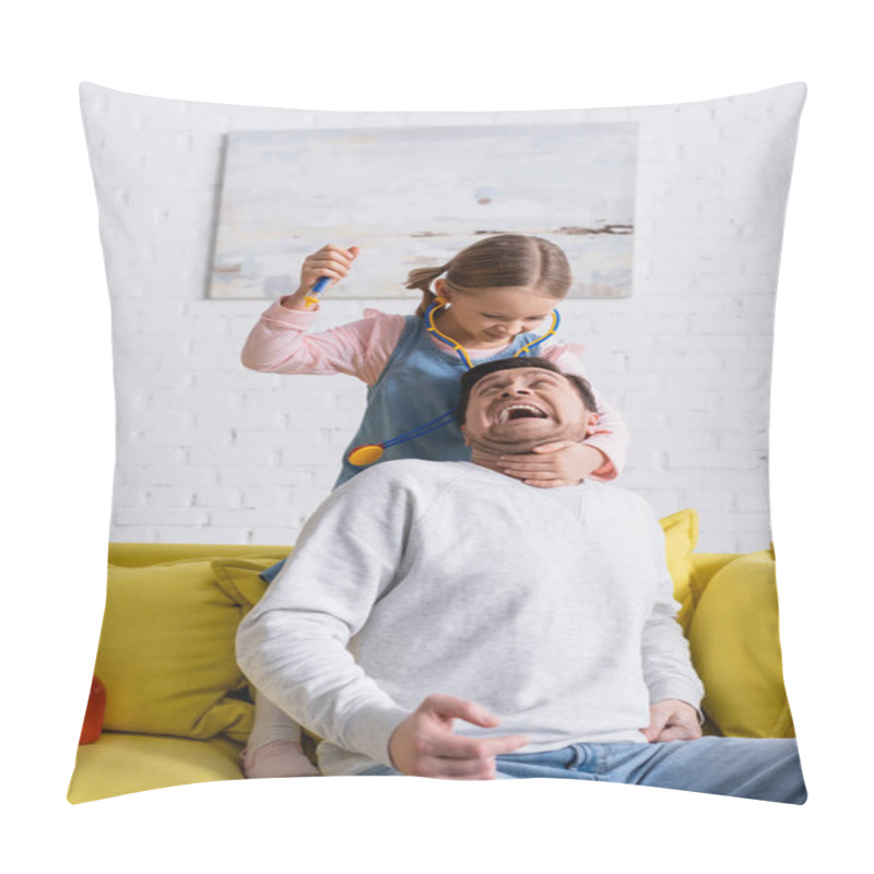 Personality  Man Shouting While Pretending Scared Near Daughter Holding Toy Syringe Pillow Covers