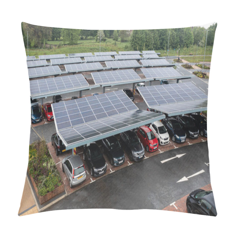 Personality  STOURTON, LEEDS, UK - MAY 16, 2022.  Aerial View Above Innovative Solar Panels Located On A Car Parking Lot Rooftops Making Good Use Of Small Space In A City Pillow Covers