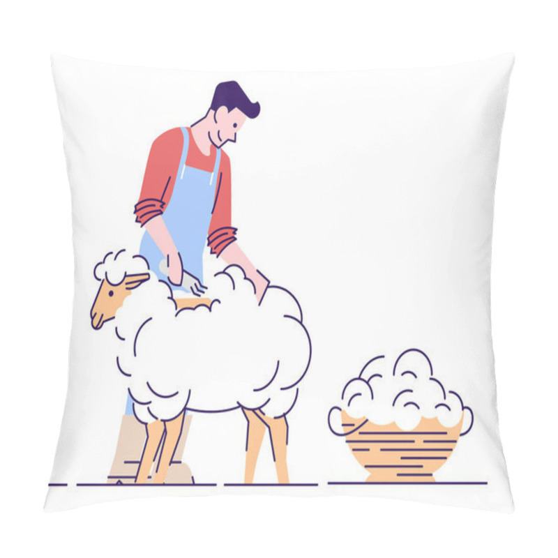 Personality  Farmer Shearing Sheep Flat Vector Character. Wool Production. Livestock Farming, Animal Husbandry Concept With Outline. Male Shearer Cutting Merino Wool Cartoon Illustration Isolated On White Pillow Covers