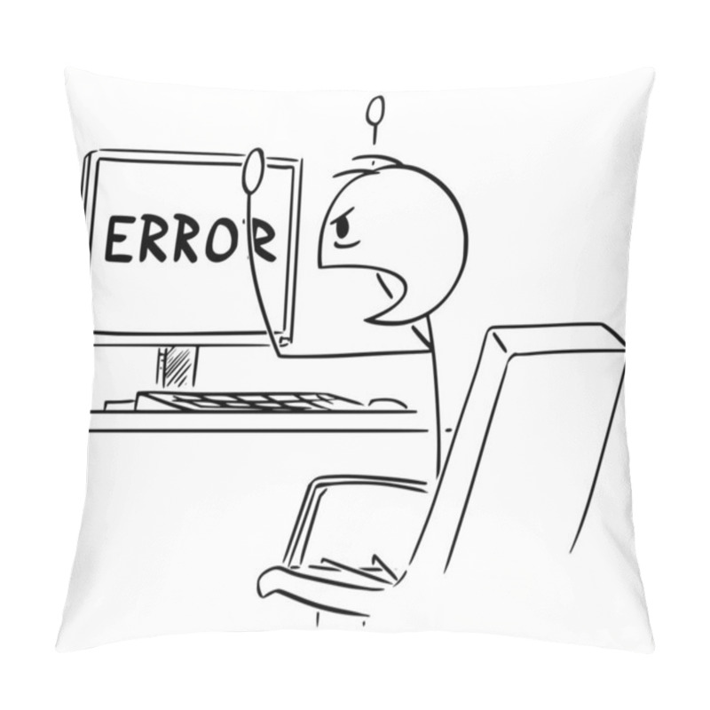 Personality  Vector Cartoon Illustration Of Angry Man Or Businessman Working On Computer And Watching Network Or Program Error Message On The Screen Pillow Covers