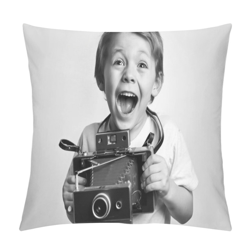 Personality  Young Child Holding A Instant Camera On A White Background Pillow Covers