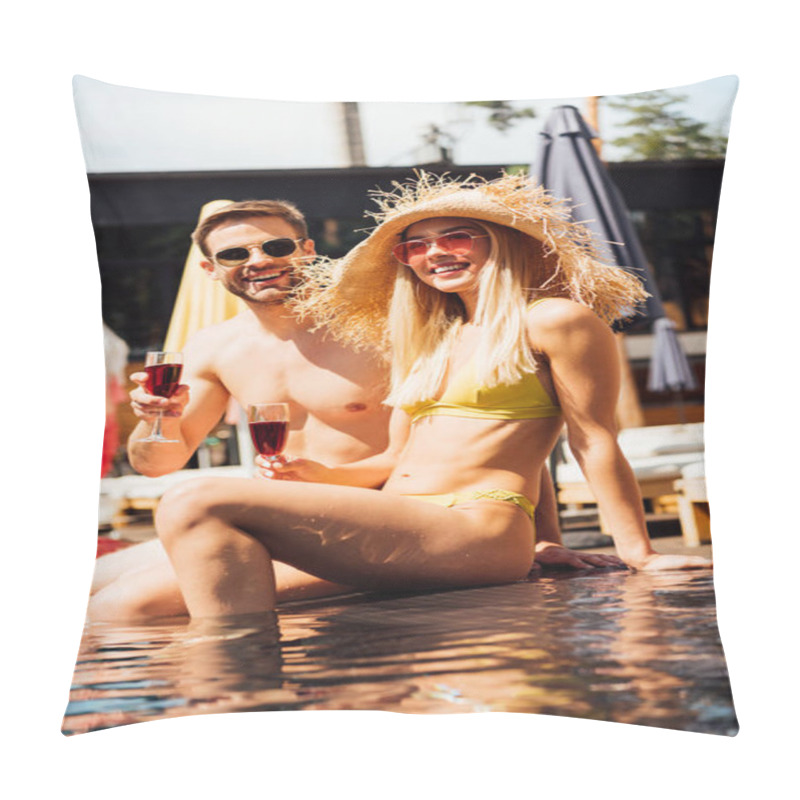 Personality  Sexy Couple Holding Glasses Of Red Wine And Smiling In Swimming Pool Pillow Covers