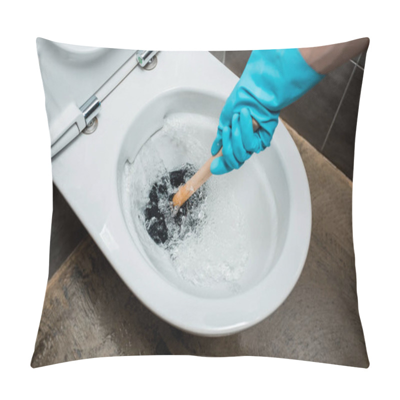 Personality  Cropped View Of Plumber Using Plunger In Toilet Bowl During Flushing In Modern Restroom With Grey Tile Pillow Covers