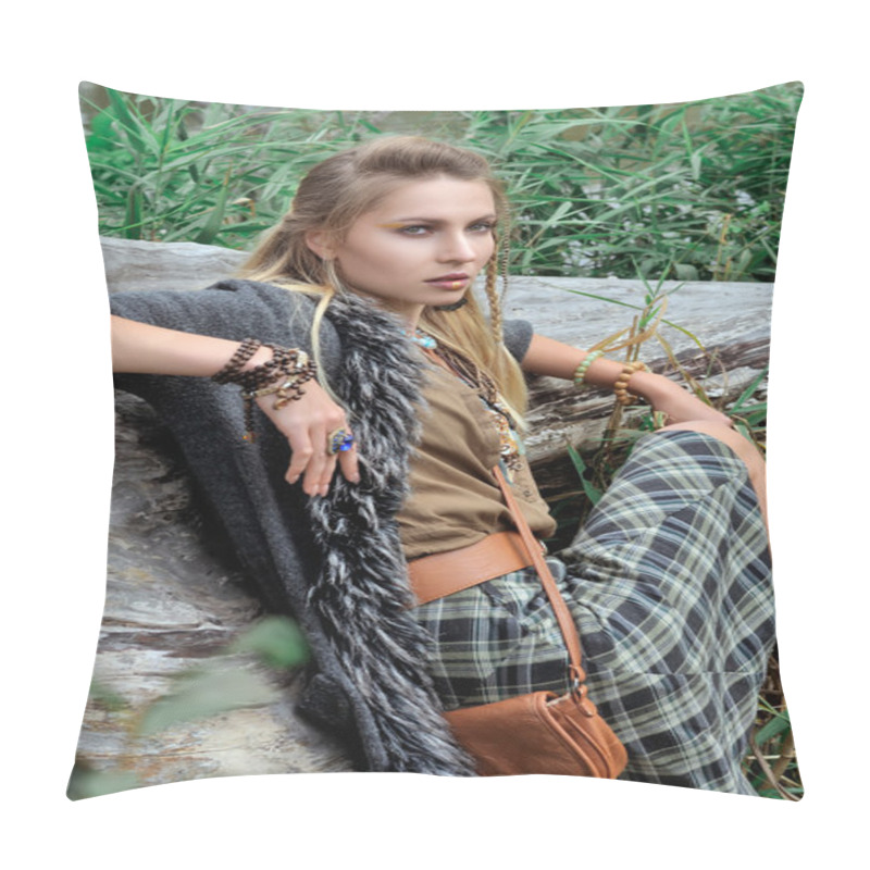 Personality  Blonde Sits Near The Dry Fallen Tree Pillow Covers