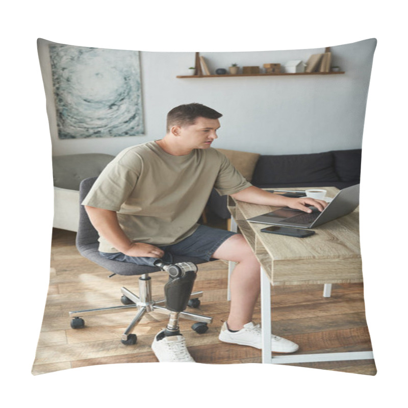 Personality  Handsome Young Man Sits At A Desk Using A Laptop While Wearing Comfortable Clothing. Pillow Covers