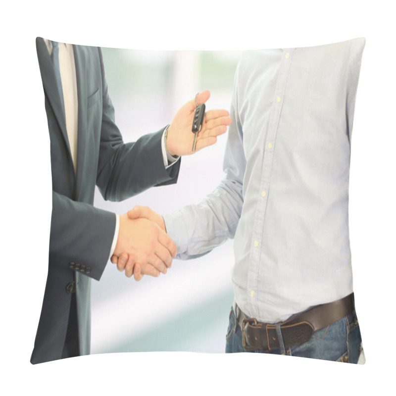 Personality  Car Salesman Handing Over The Keys For A New Car To A Young Businessman . Handshake Between Two Business People. Focus On A Key Pillow Covers