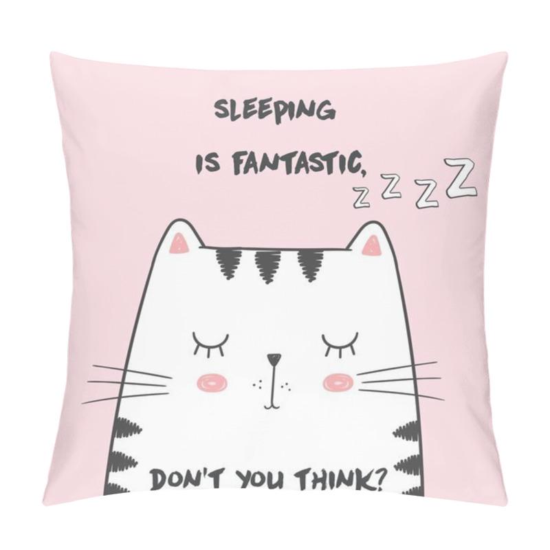 Personality  Cute Vector Illustration With Anime Kawaii Sleeping Cat. With Lettering Sleeping Is Fantastic, Don't You Think. Fashion Print For Pajamas Or T Shirt. Good Night Pillow Covers