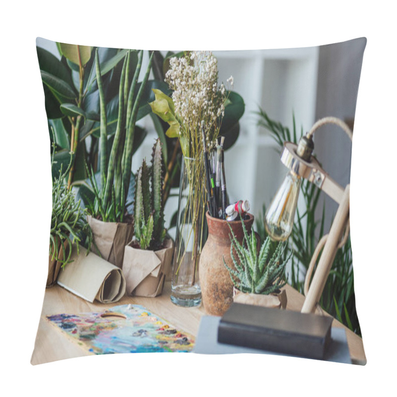 Personality  Green Plants With Art Supplies On Table Pillow Covers