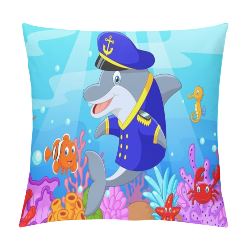 Personality  Standing Little Cartoon Dolphin Using Uniform Captain With Collection Fish Pillow Covers