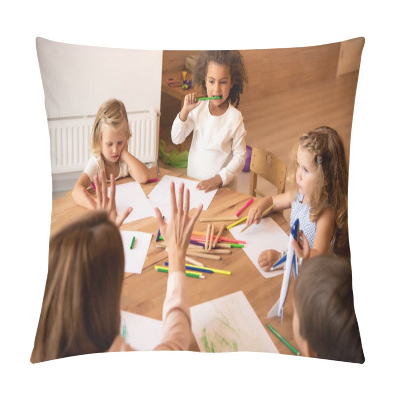 Personality  Back View Of Educator Teaching Multicultural Kids Counting And Showing Number With Fingers In Kindergarten Pillow Covers