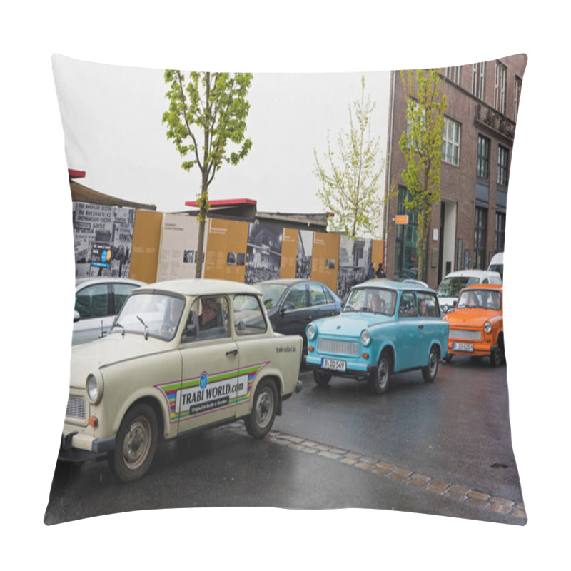 Personality  Classic Trabant Cars For Hire On April 19, 2017 In Berlin, Germany. Produced From 1957 To 1990, Trabant Is Considered As One Of The Symbols Of The Former East Germany. Pillow Covers