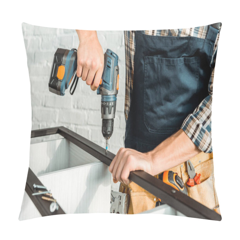 Personality  Cropped View Of Installer Holding Hammer Drill Near Rack  Pillow Covers