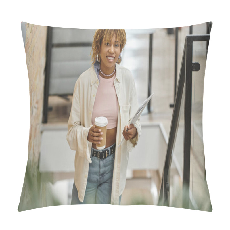 Personality  Positive African American Woman With Braces Holding Paper Cup, Coffee And Documents, Startup Project Pillow Covers