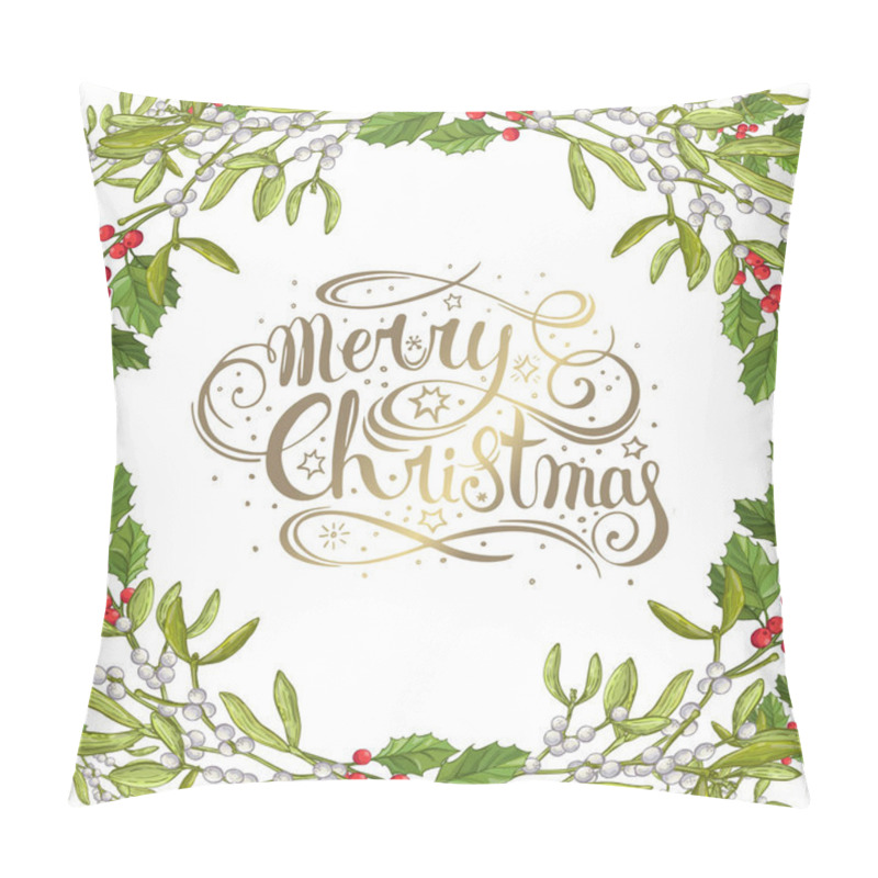 Personality  Decorating For National Festive On White Background. Xmas Design Template. Mistletoe Isolated. Traditional Christmas Plant. Holiday Red Berry With Green Leaves. Pillow Covers